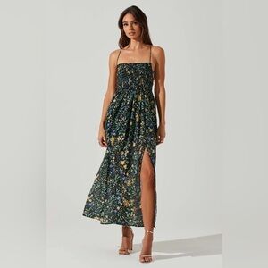 Astr Floral Smocked Midi Dress in Dark Green with Yellow & Blue Florals